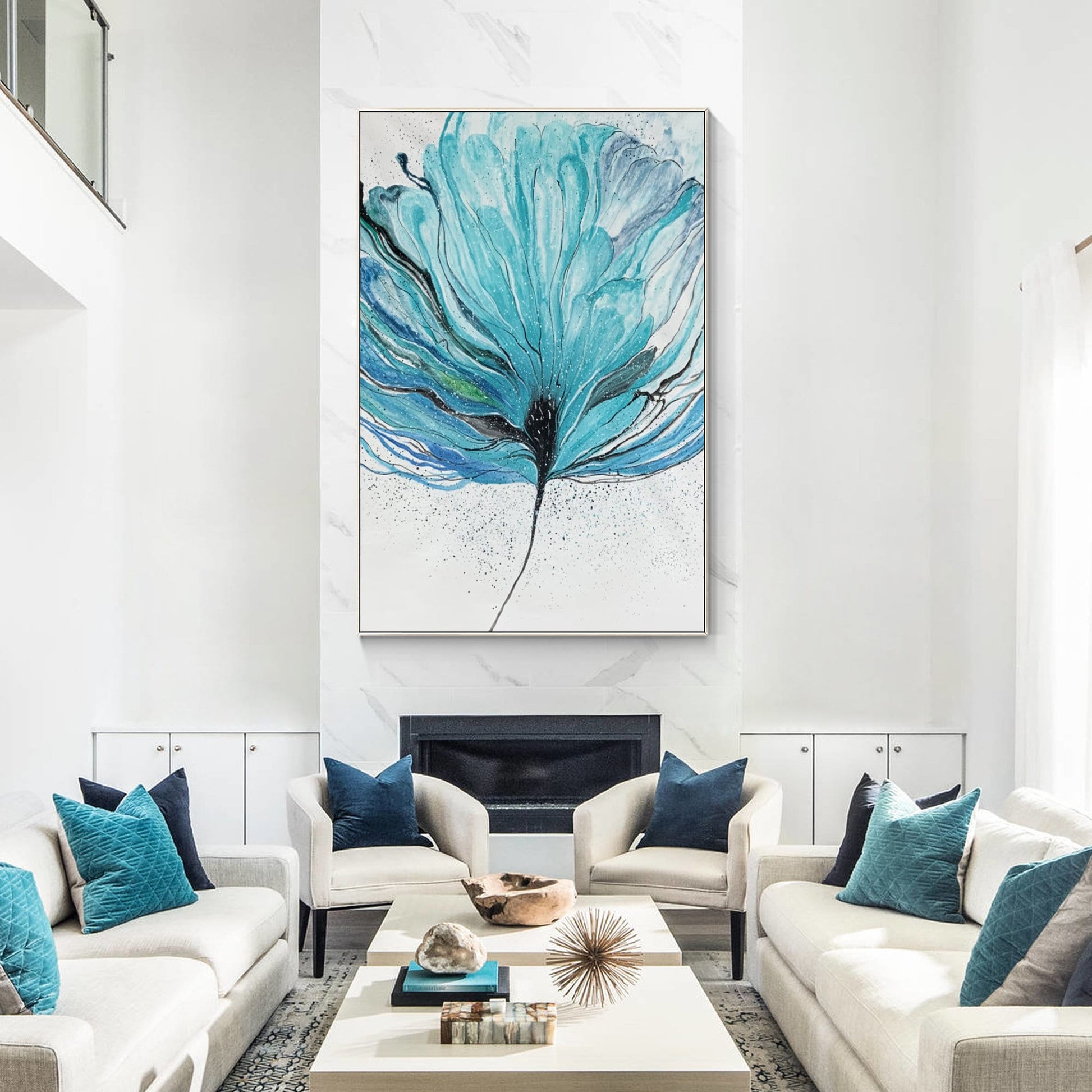 Teal Flower Abstract Painting on Canvas: Oversize Framed Wall Art #5
