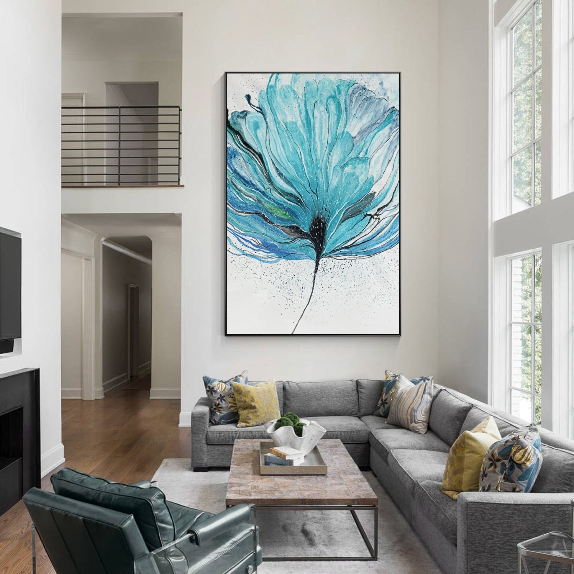 Teal Flower Abstract Painting on Canvas: Oversize Framed Wall Art #1