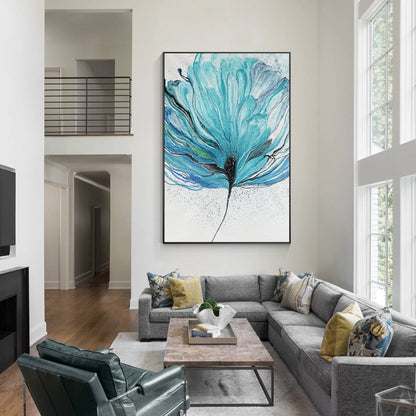 Teal Flower Abstract Painting on Canvas: Oversize Framed Wall Art #1