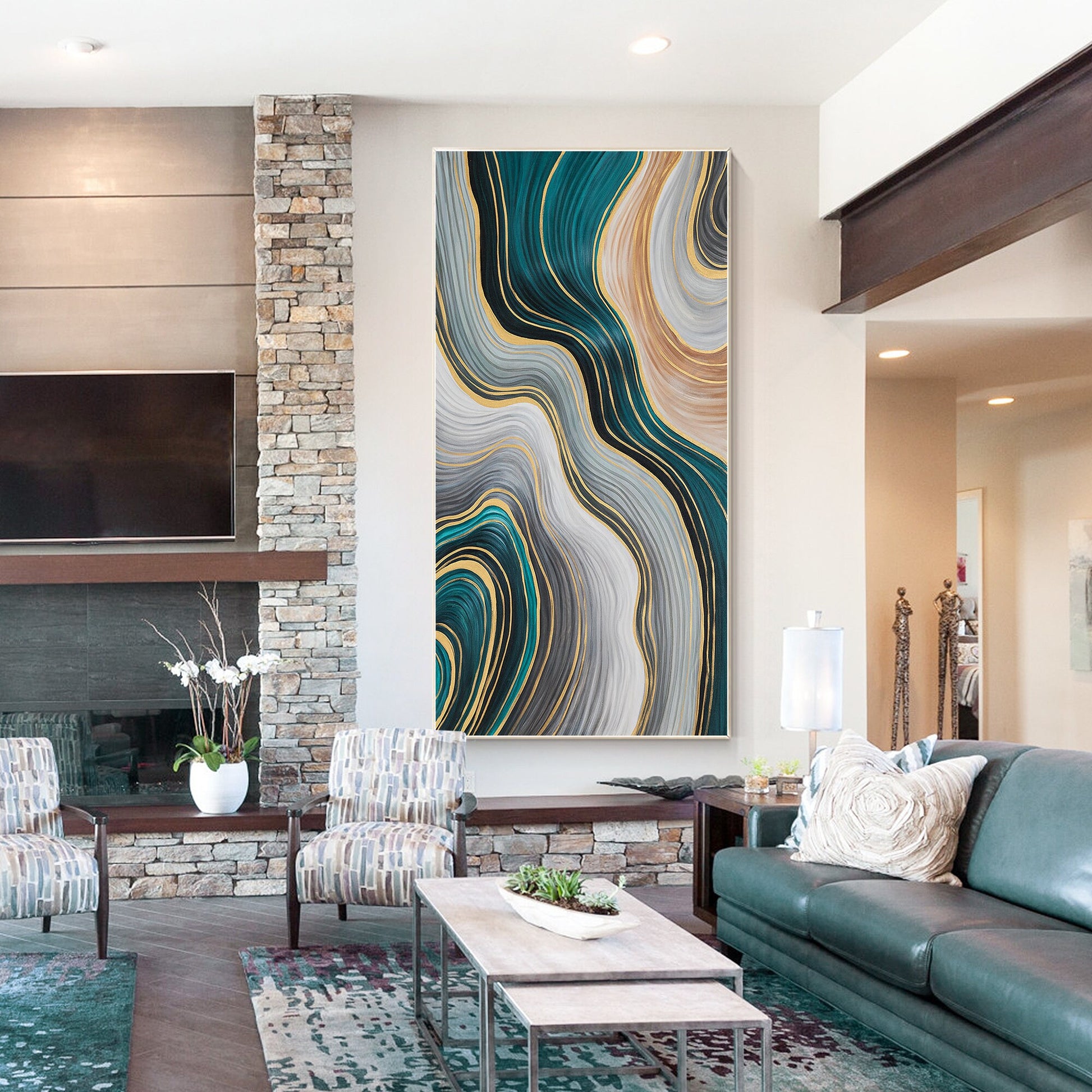 Teal Gold Abstract Painting: Luxury Ribbon Wall Art #3