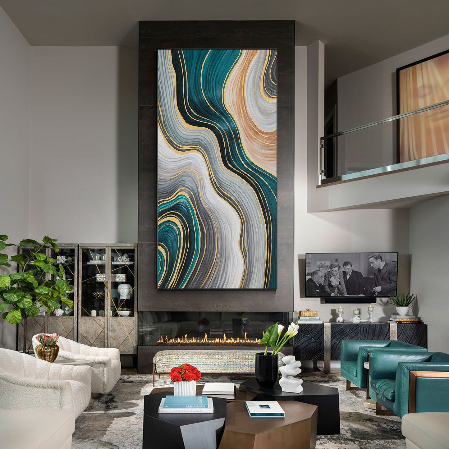 Teal Gold Abstract Painting: Luxury Ribbon Wall Art #4