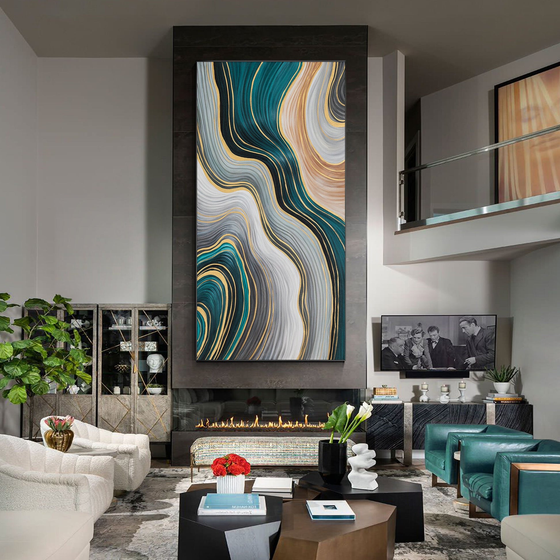 Teal Gold Abstract Painting: Luxury Ribbon Wall Art #4
