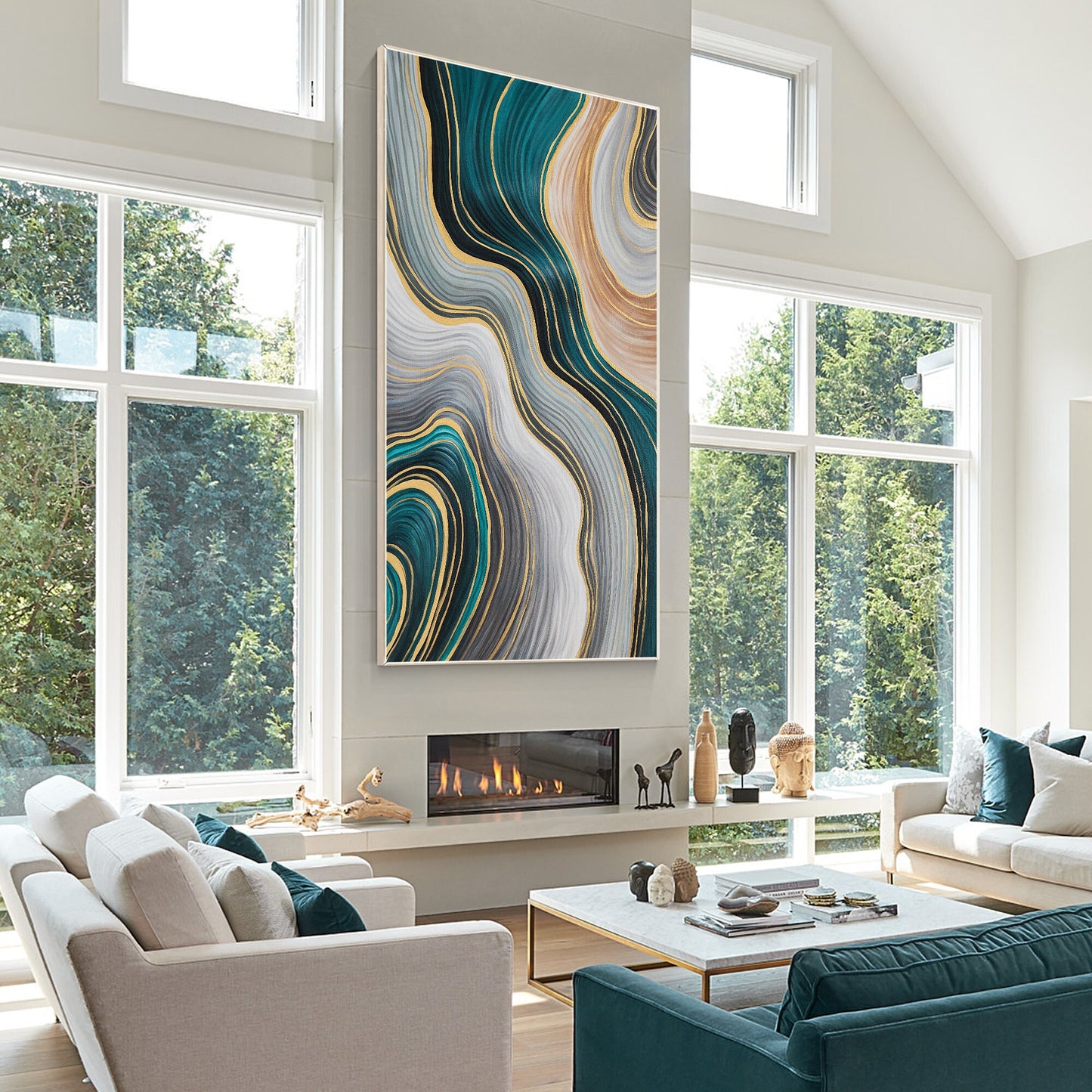 Teal Gold Abstract Painting: Luxury Ribbon Wall Art #5