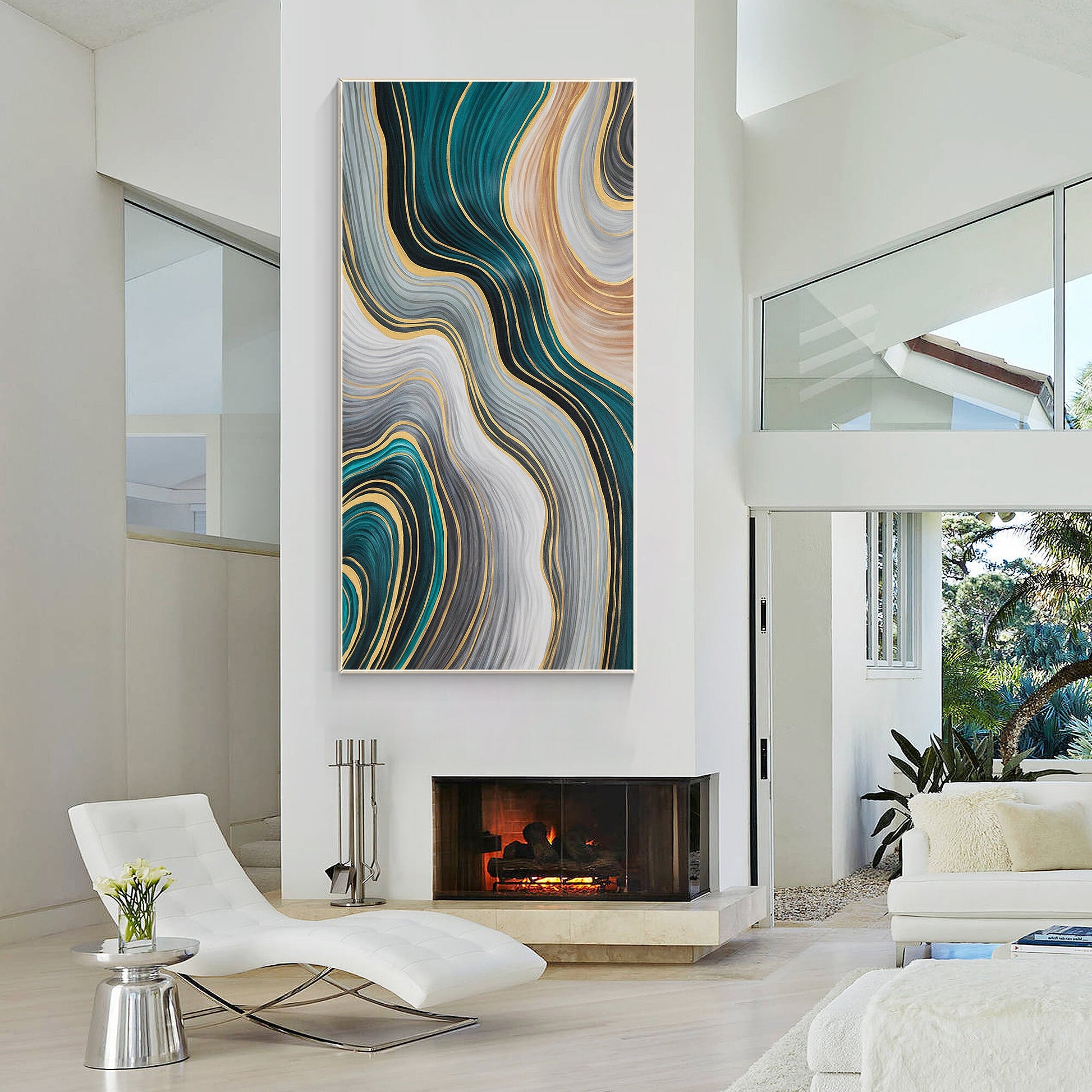 Teal Gold Abstract Painting: Luxury Ribbon Wall Art #6