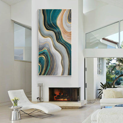 Teal Gold Abstract Painting: Luxury Ribbon Wall Art #6