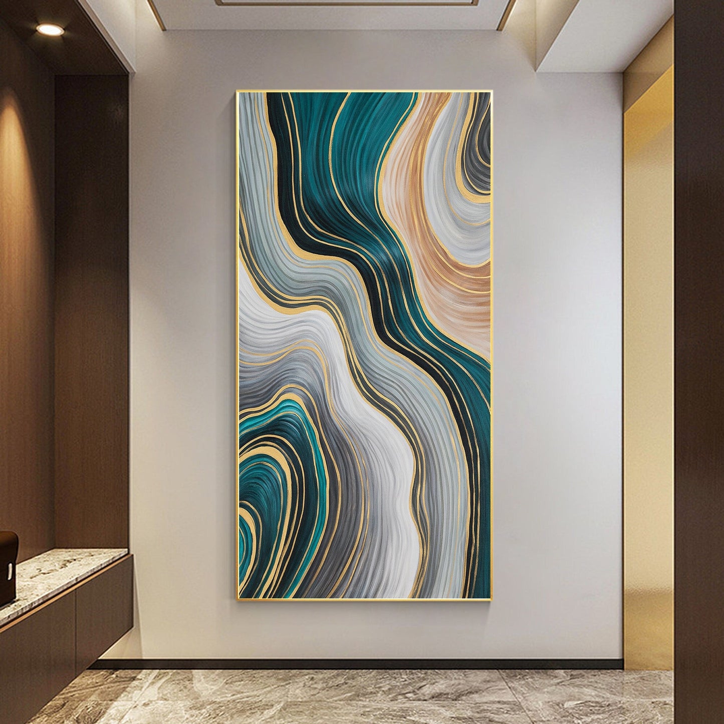 Teal Gold Abstract Painting: Luxury Ribbon Wall Art #1
