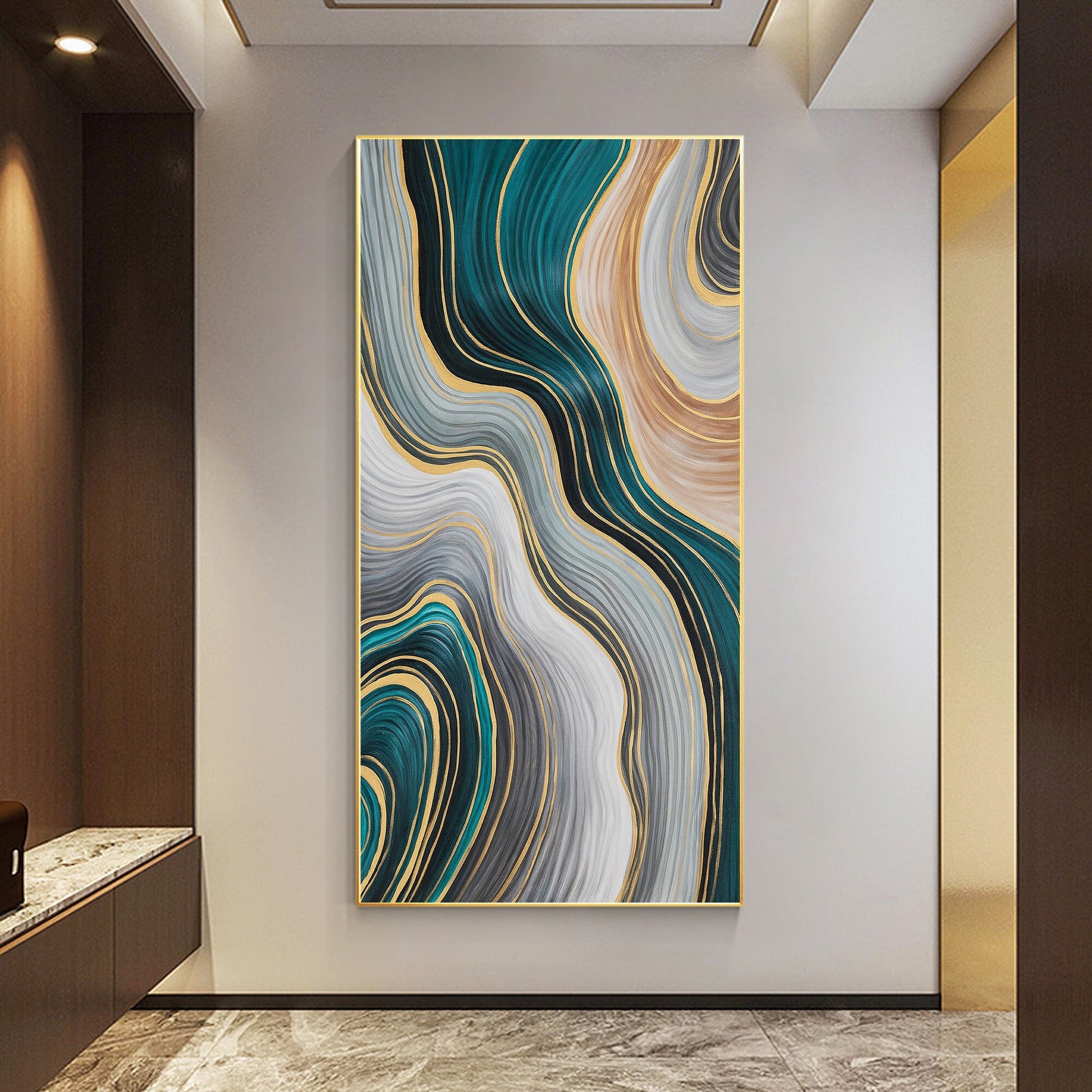 Teal Gold Abstract Painting: Luxury Ribbon Wall Art #1