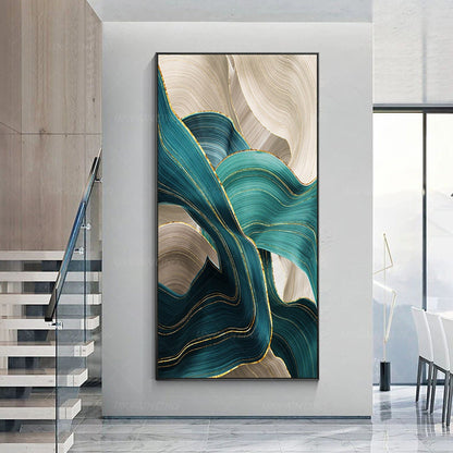 Teal Gold Abstract Painting: Turquoise Ribbon Canvas Wall Art #2