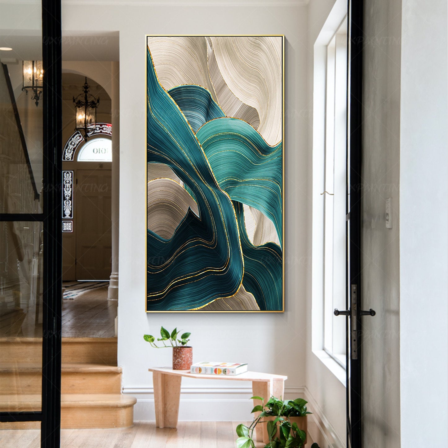 Teal Gold Abstract Painting: Turquoise Ribbon Canvas Wall Art #4
