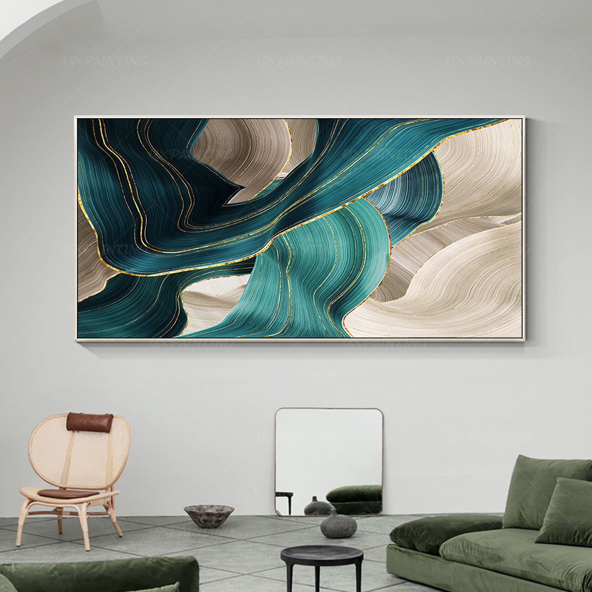 Teal Gold Abstract Painting: Turquoise Ribbon Canvas Wall Art #5