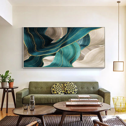 Teal Gold Abstract Painting: Turquoise Ribbon Canvas Wall Art #6