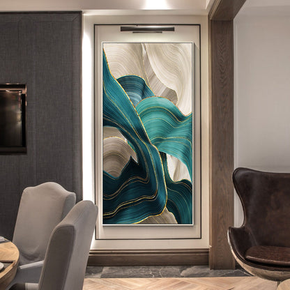 Teal Gold Abstract Painting: Turquoise Ribbon Canvas Wall Art #1