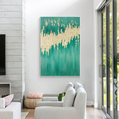 Teal Gold Foil Painting on Canvas: Large Modern Abstract Wall Art #2