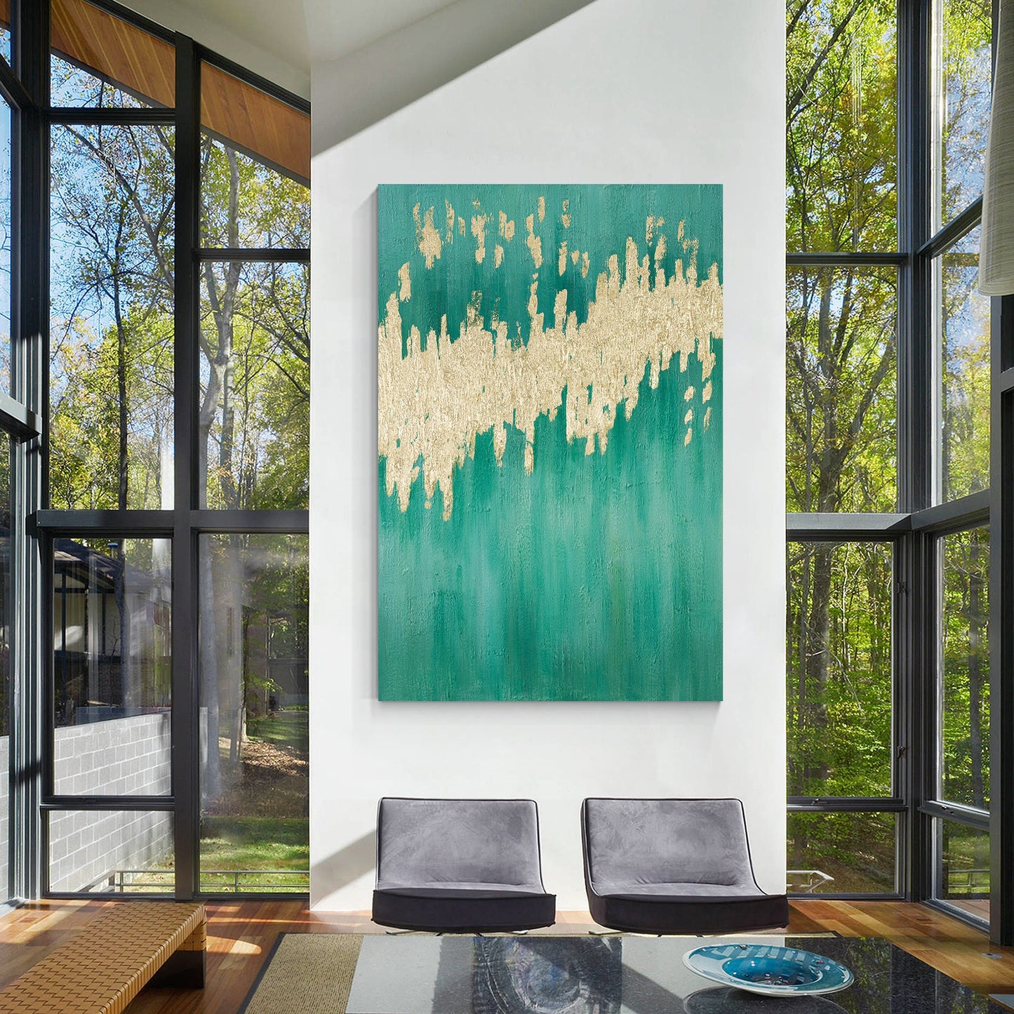 Teal Gold Foil Painting on Canvas: Large Modern Abstract Wall Art #4