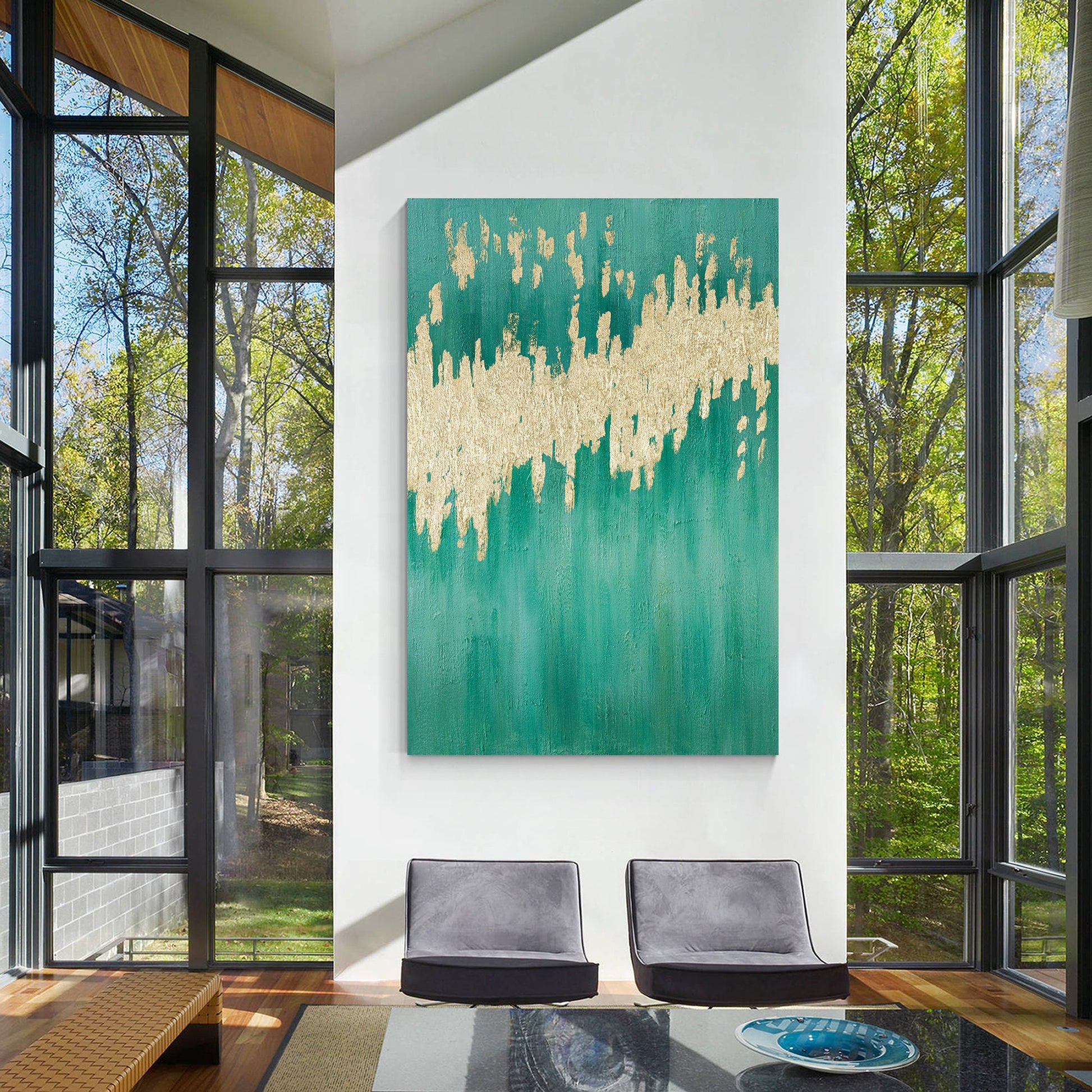 Teal Gold Foil Painting on Canvas: Large Modern Abstract Wall Art #4