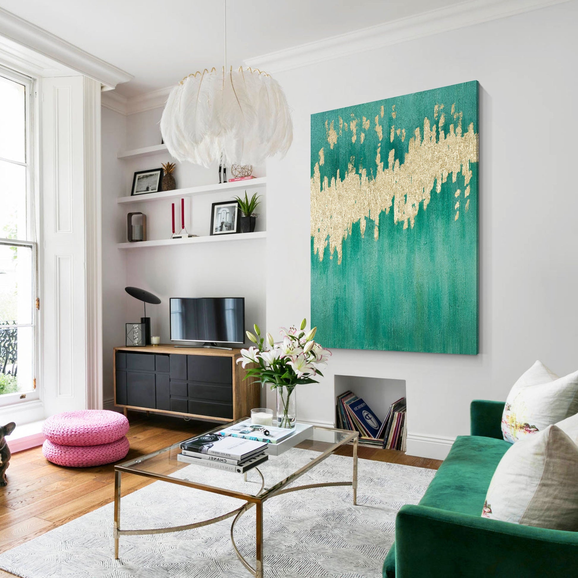 Teal Gold Foil Painting on Canvas: Large Modern Abstract Wall Art #5