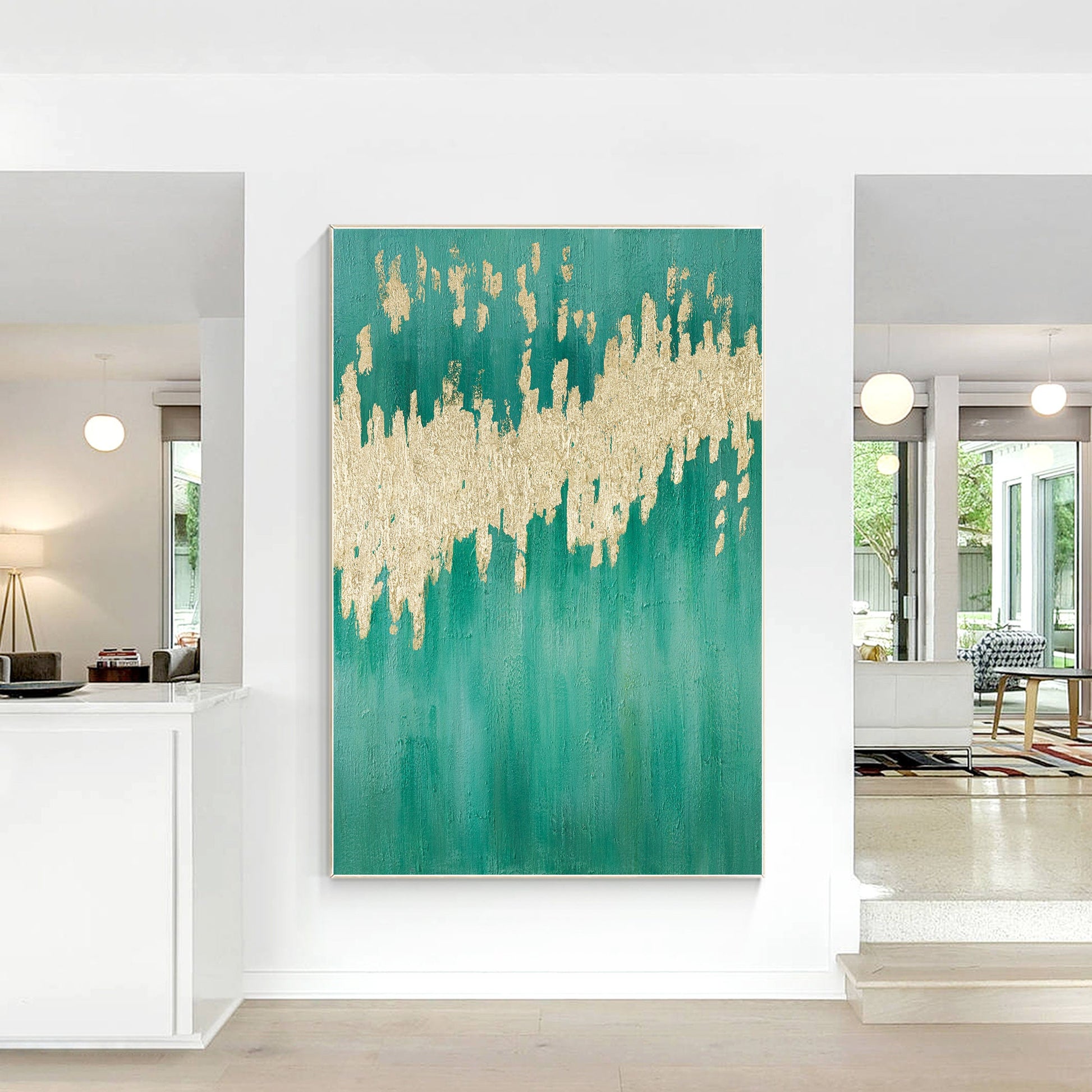 Teal Gold Foil Painting on Canvas: Large Modern Abstract Wall Art #6