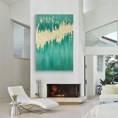 Teal Gold Foil Painting on Canvas: Large Modern Abstract Wall Art #1