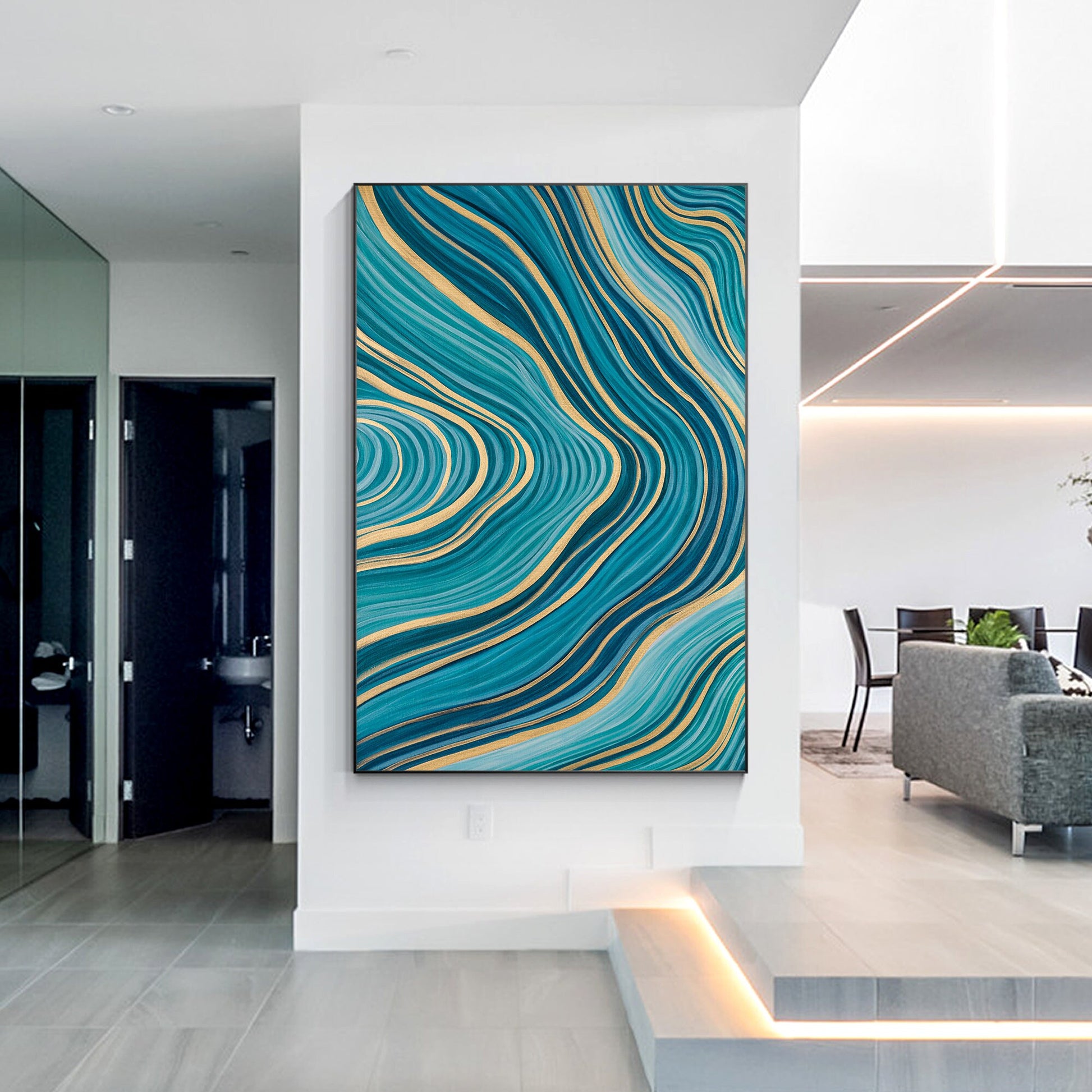 Teal Gold Line Abstract Pour Painting: Extra Large Vertical Canvas Art #2