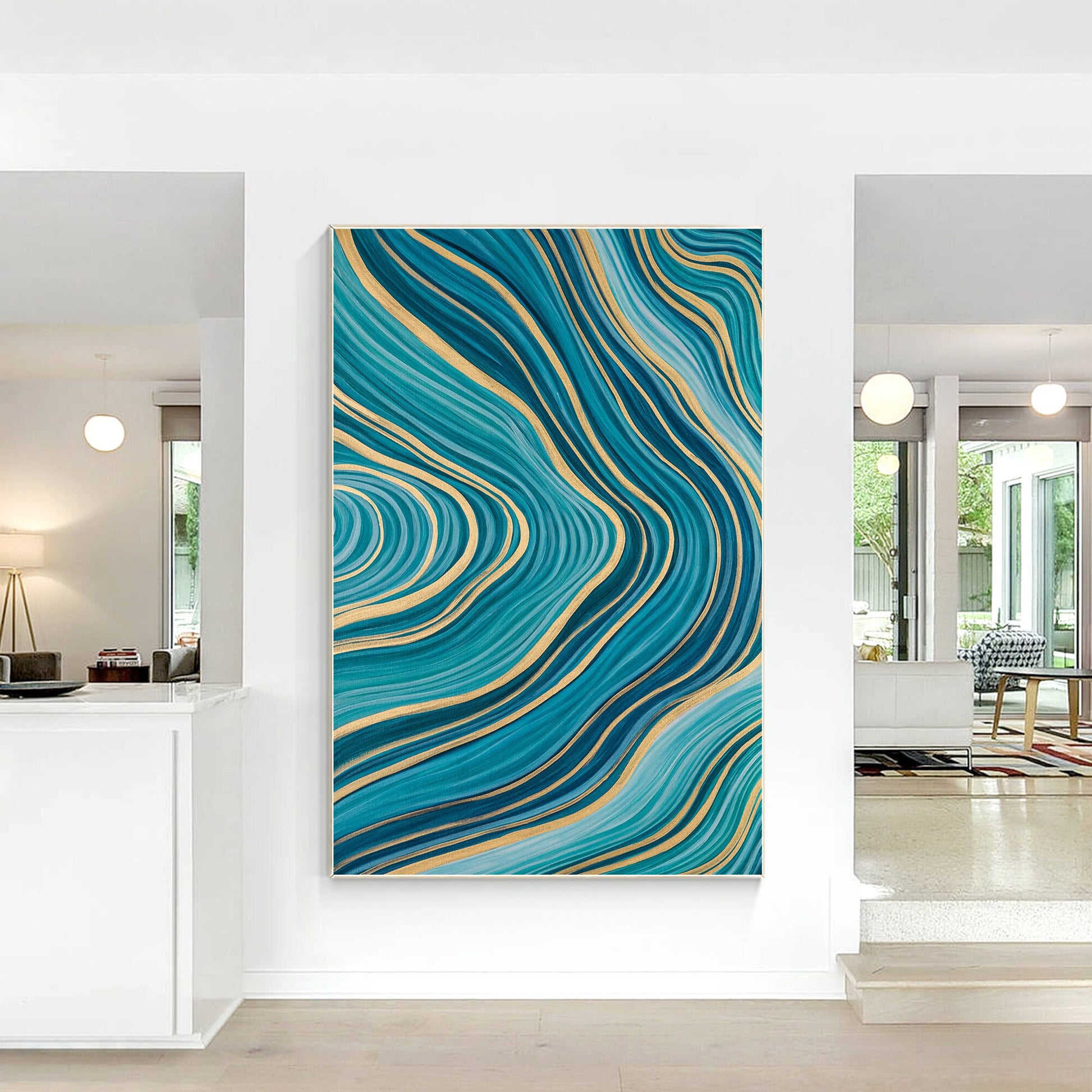 Teal Gold Line Abstract Pour Painting: Extra Large Vertical Canvas Art #4