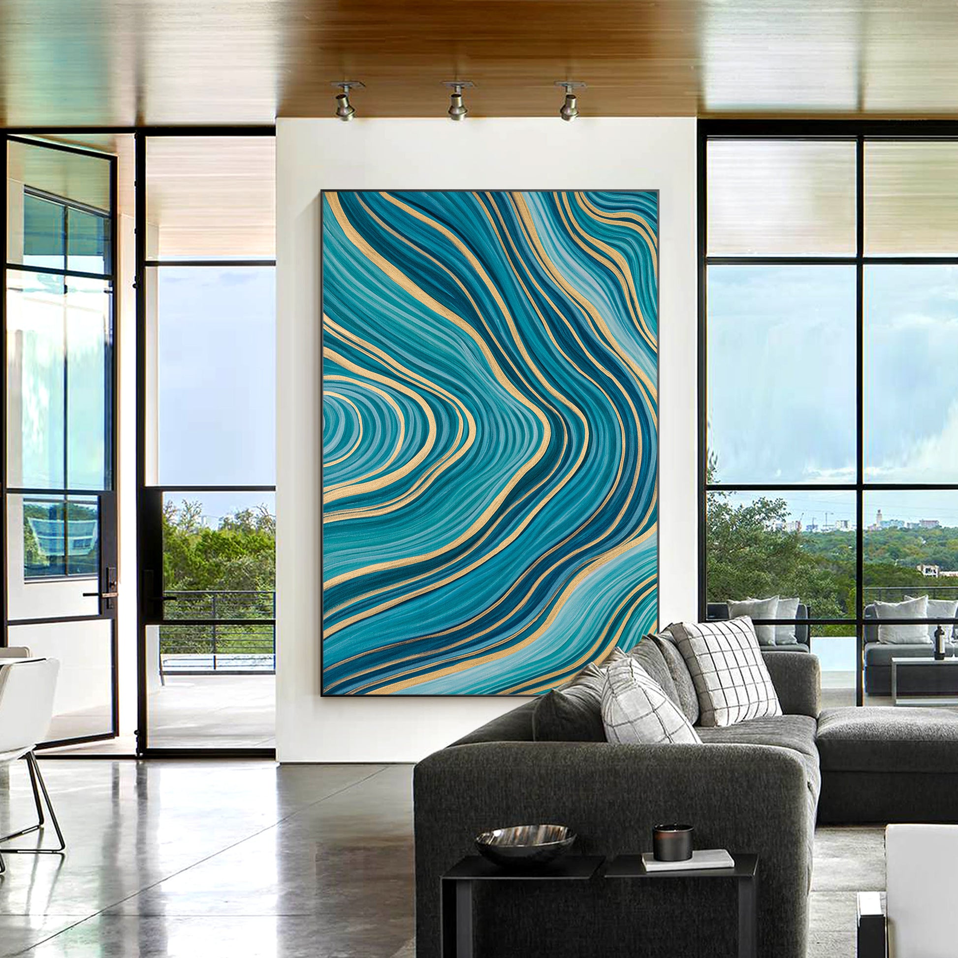 Teal Gold Line Abstract Pour Painting: Extra Large Vertical Canvas Art #5