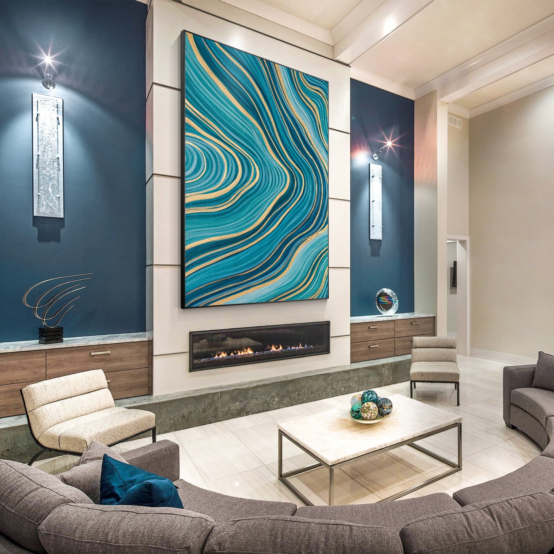 Teal Gold Line Abstract Pour Painting: Extra Large Vertical Canvas Art #6