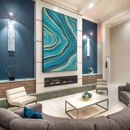 Teal Gold Line Abstract Pour Painting: Extra Large Vertical Canvas Art #6