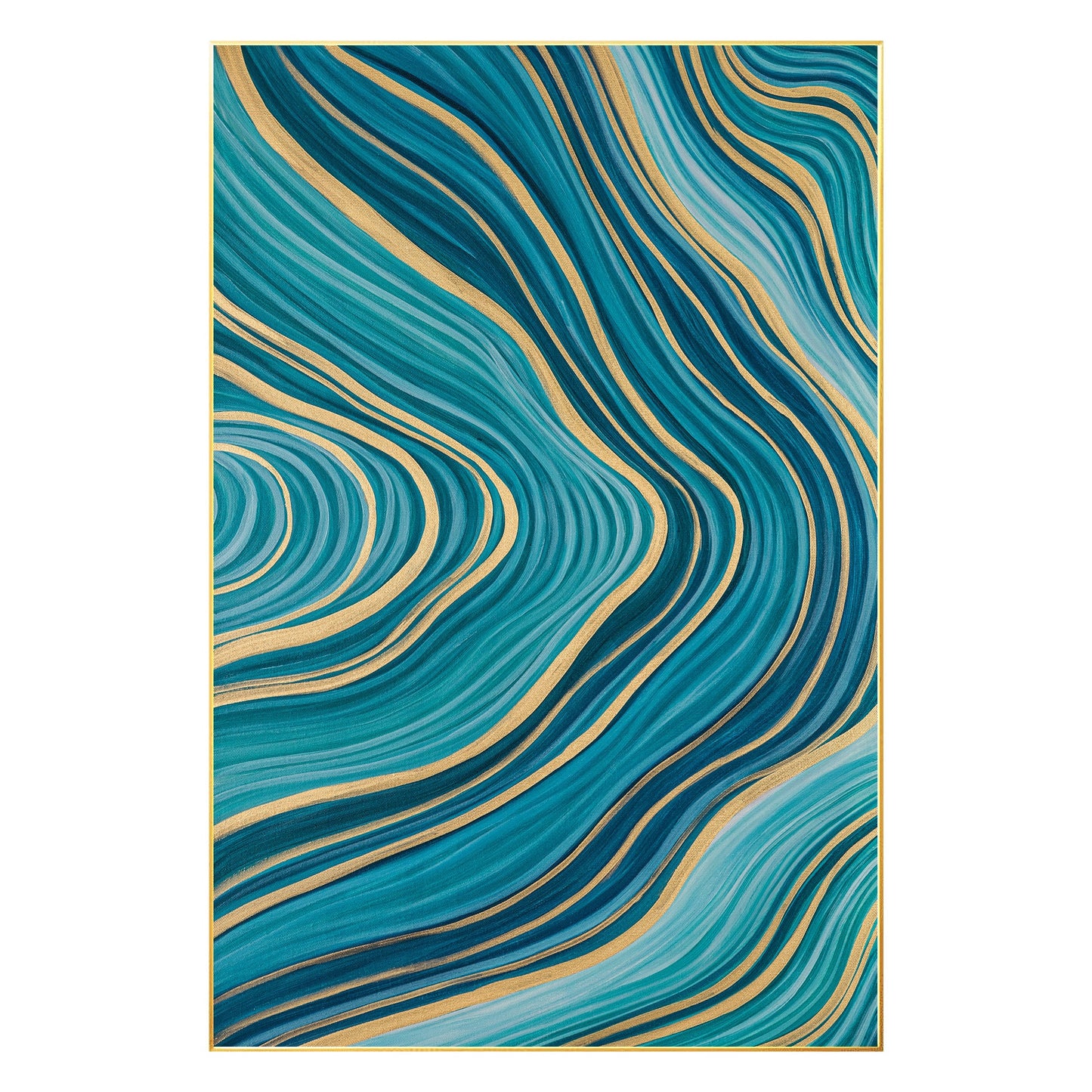 Teal Gold Line Abstract Pour Painting: Extra Large Vertical Canvas Art #9