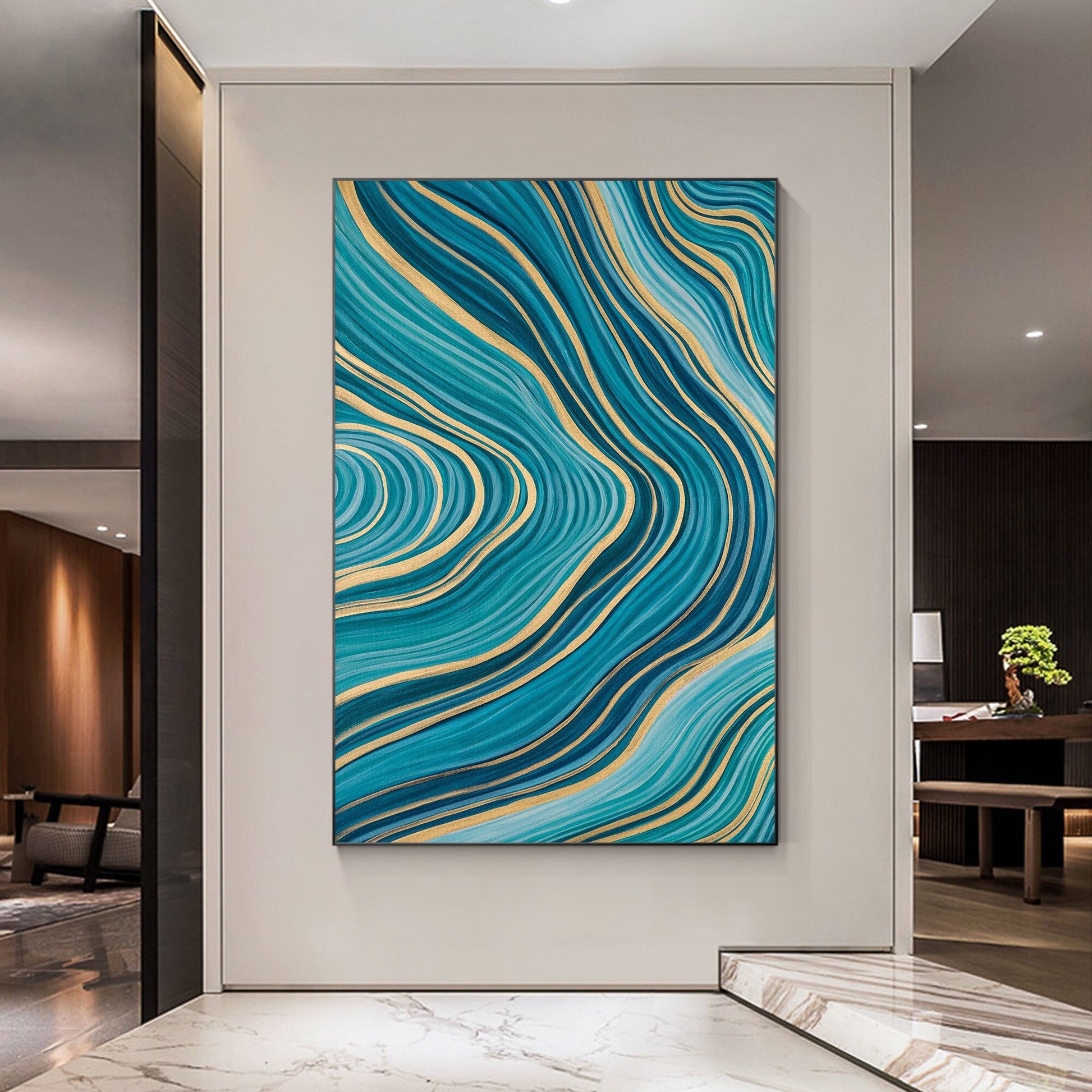 Teal Gold Line Abstract Pour Painting: Extra Large Vertical Canvas Art #1