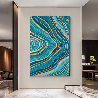 Teal Gold Line Abstract Pour Painting: Extra Large Vertical Canvas Art #1