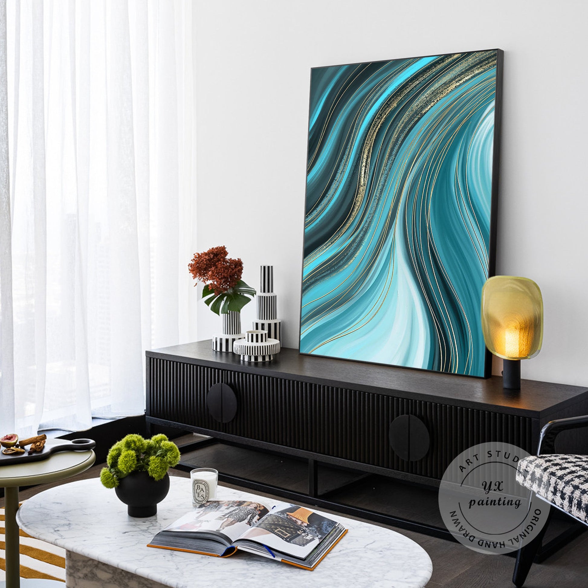 Teal Gold Line Abstract Ribbon Painting On Canvas, Vertical Extra Large Ribbon W #2