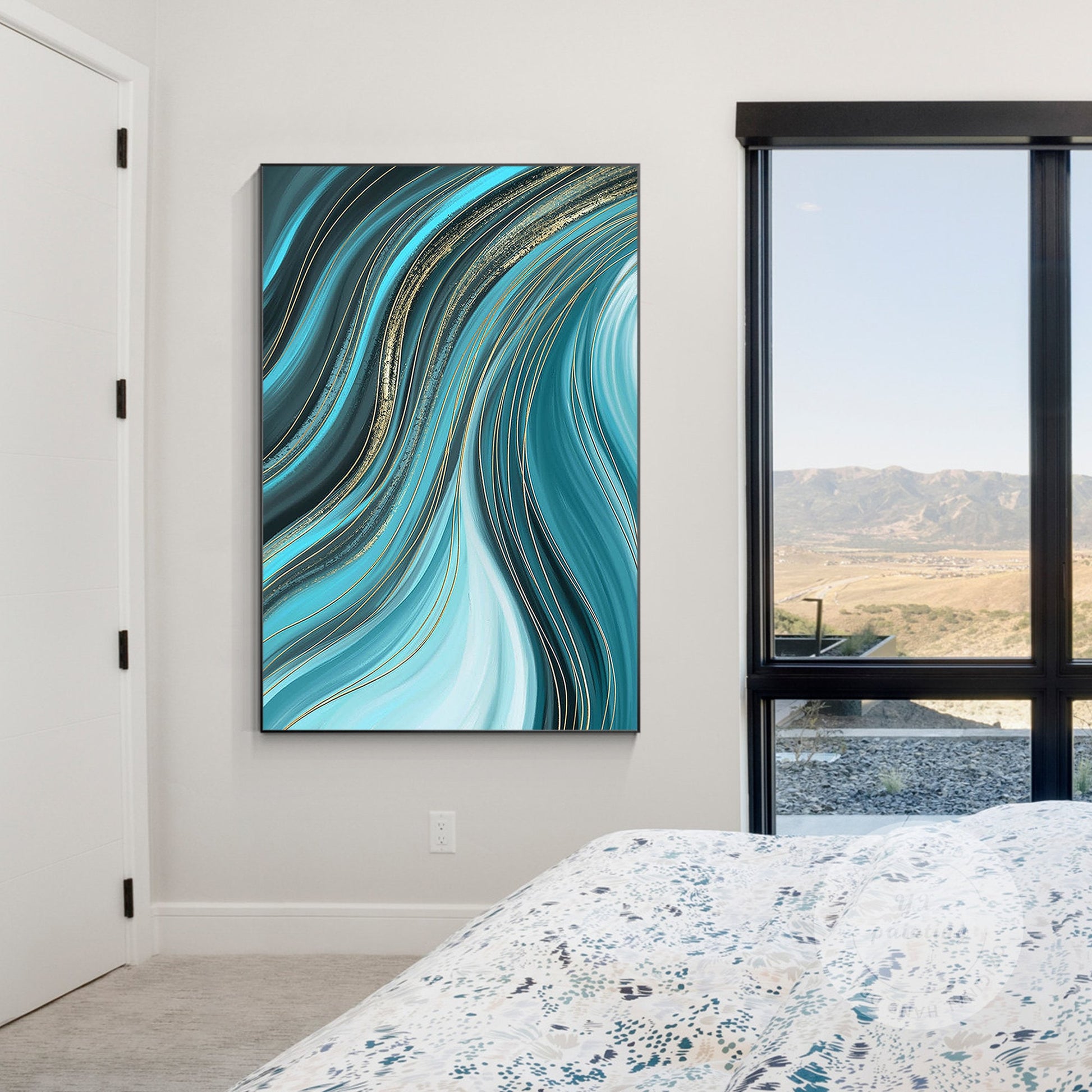 Teal Gold Line Abstract Ribbon Painting On Canvas, Vertical Extra Large Ribbon W #3