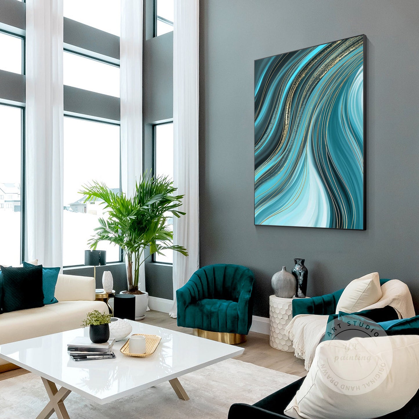 Teal Gold Line Abstract Ribbon Painting On Canvas, Vertical Extra Large Ribbon W #4