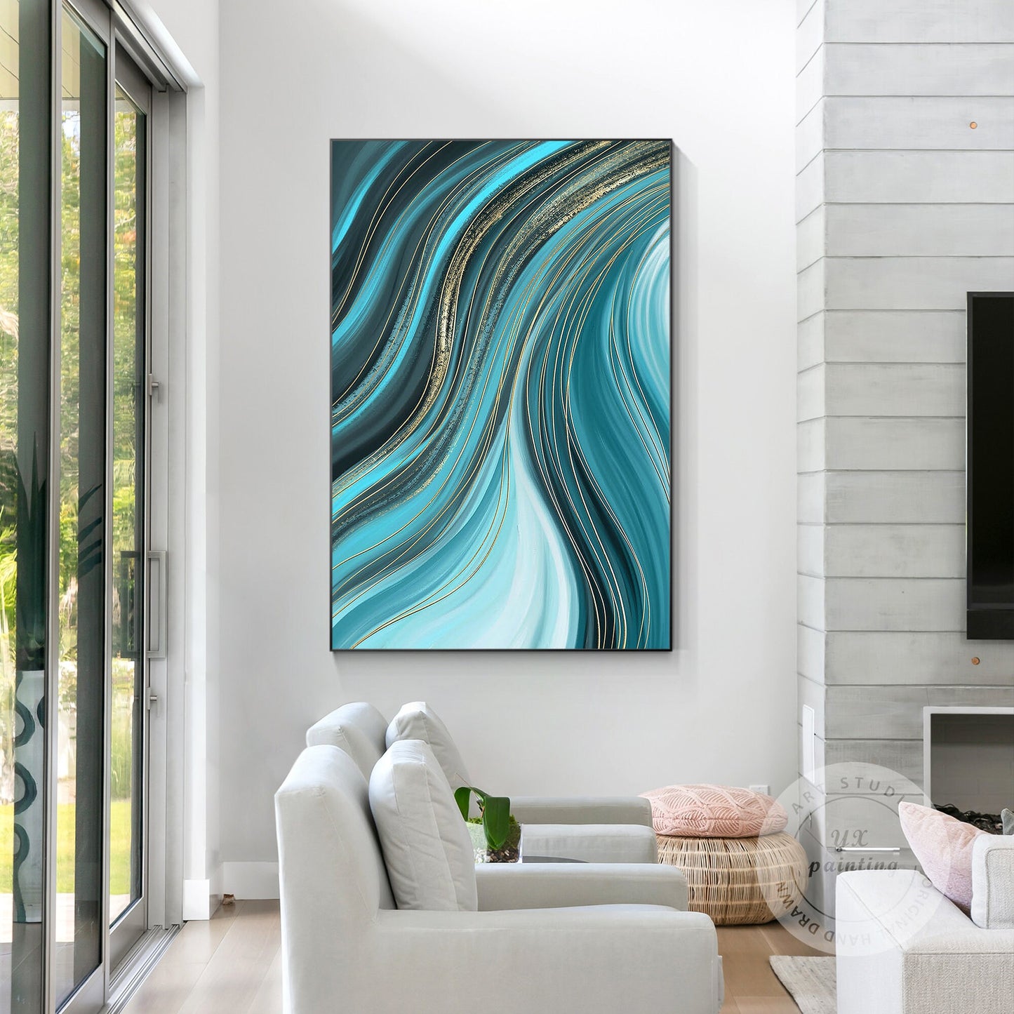 Teal Gold Line Abstract Ribbon Painting On Canvas, Vertical Extra Large Ribbon W #5