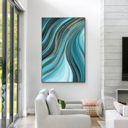 Teal Gold Line Abstract Ribbon Painting On Canvas, Vertical Extra Large Ribbon W #5