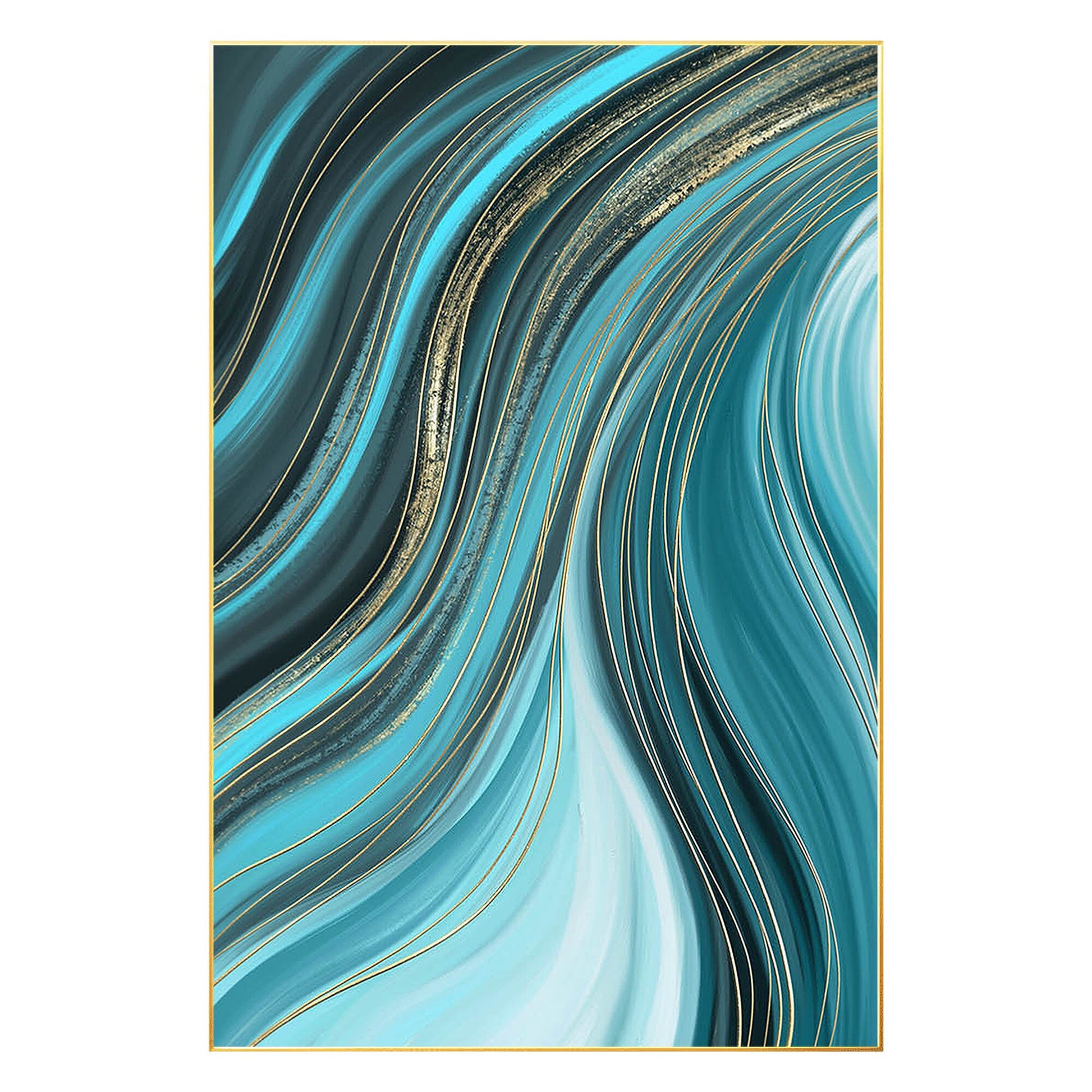 Teal Gold Line Abstract Ribbon Painting On Canvas, Vertical Extra Large Ribbon W #7