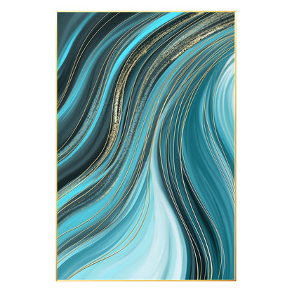 Teal Gold Line Abstract Ribbon Painting On Canvas, Vertical Extra Large Ribbon W #7