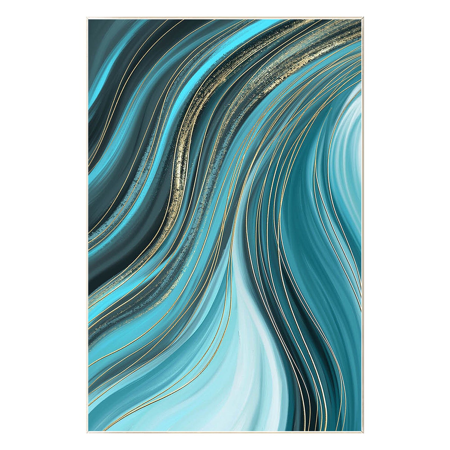 Teal Gold Line Abstract Ribbon Painting On Canvas, Vertical Extra Large Ribbon W #8
