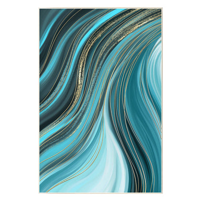 Teal Gold Line Abstract Ribbon Painting On Canvas, Vertical Extra Large Ribbon W #8