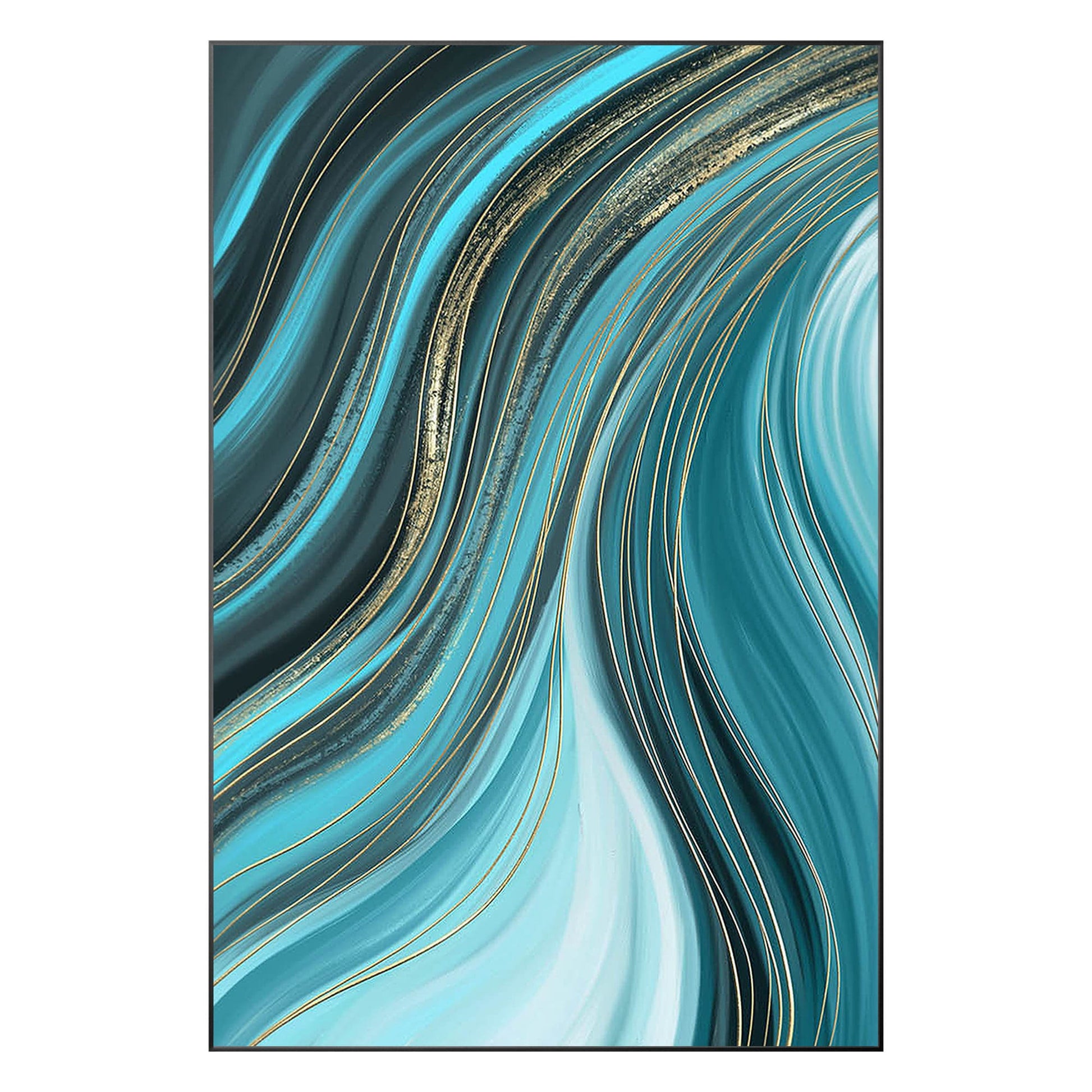 Teal Gold Line Abstract Ribbon Painting On Canvas, Vertical Extra Large Ribbon W #9