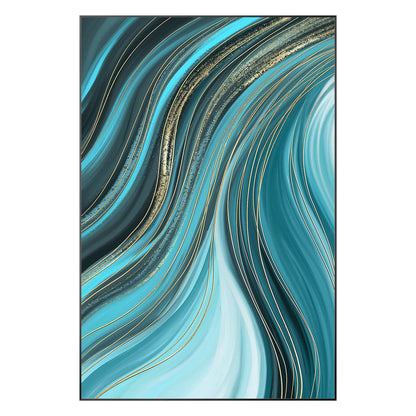 Teal Gold Line Abstract Ribbon Painting On Canvas, Vertical Extra Large Ribbon W #9