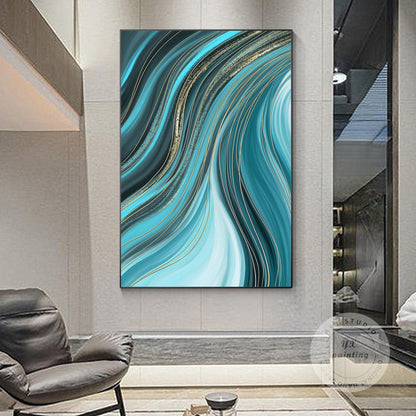 Teal Gold Line Abstract Ribbon Painting On Canvas, Vertical Extra Large Ribbon W #1