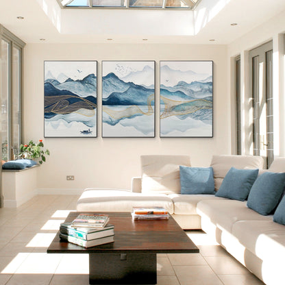 Teal Gold Mountain Canvas Art: Oriental Watercolor Landscape Set #2