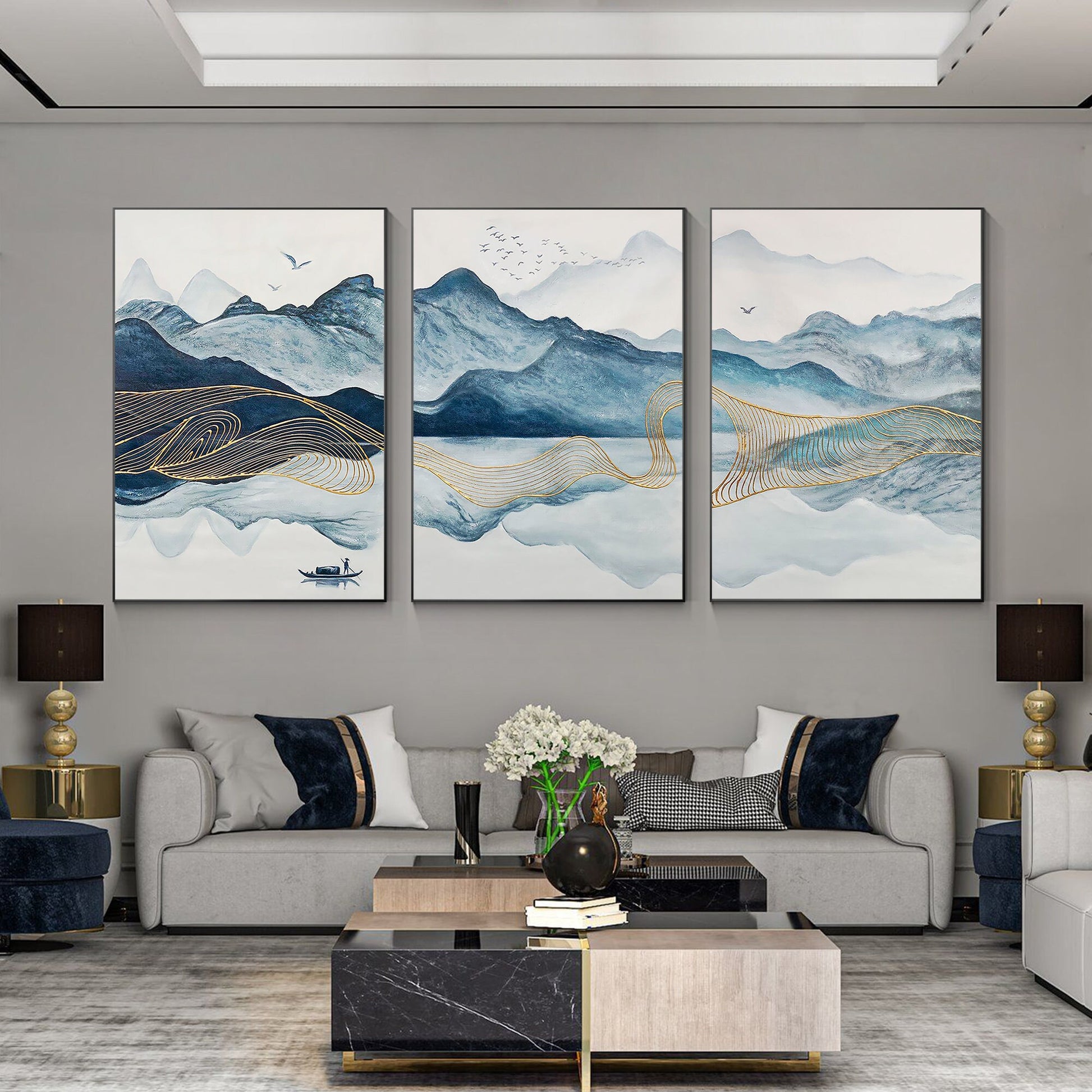Teal Gold Mountain Canvas Art: Oriental Watercolor Landscape Set #3