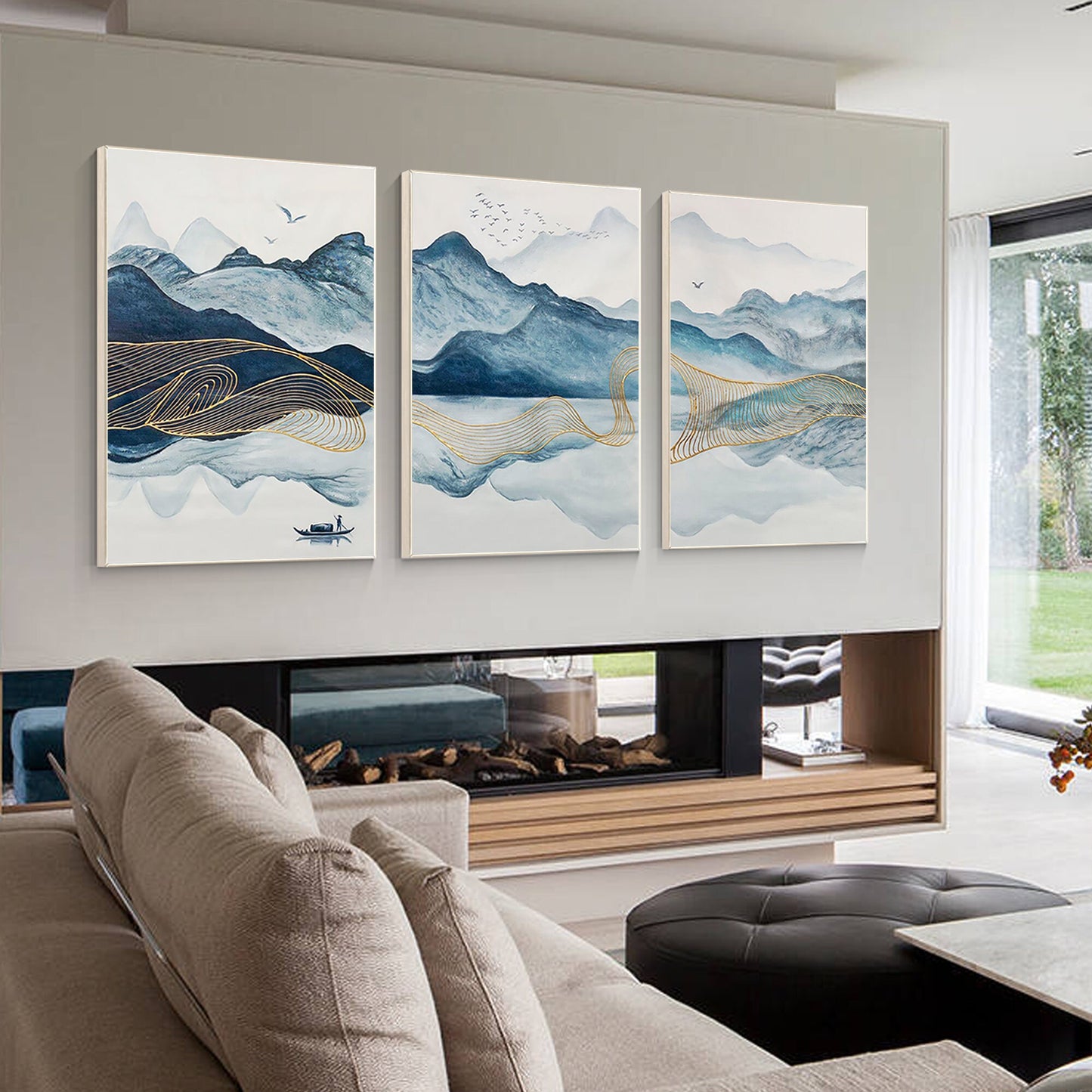 Teal Gold Mountain Canvas Art: Oriental Watercolor Landscape Set #4