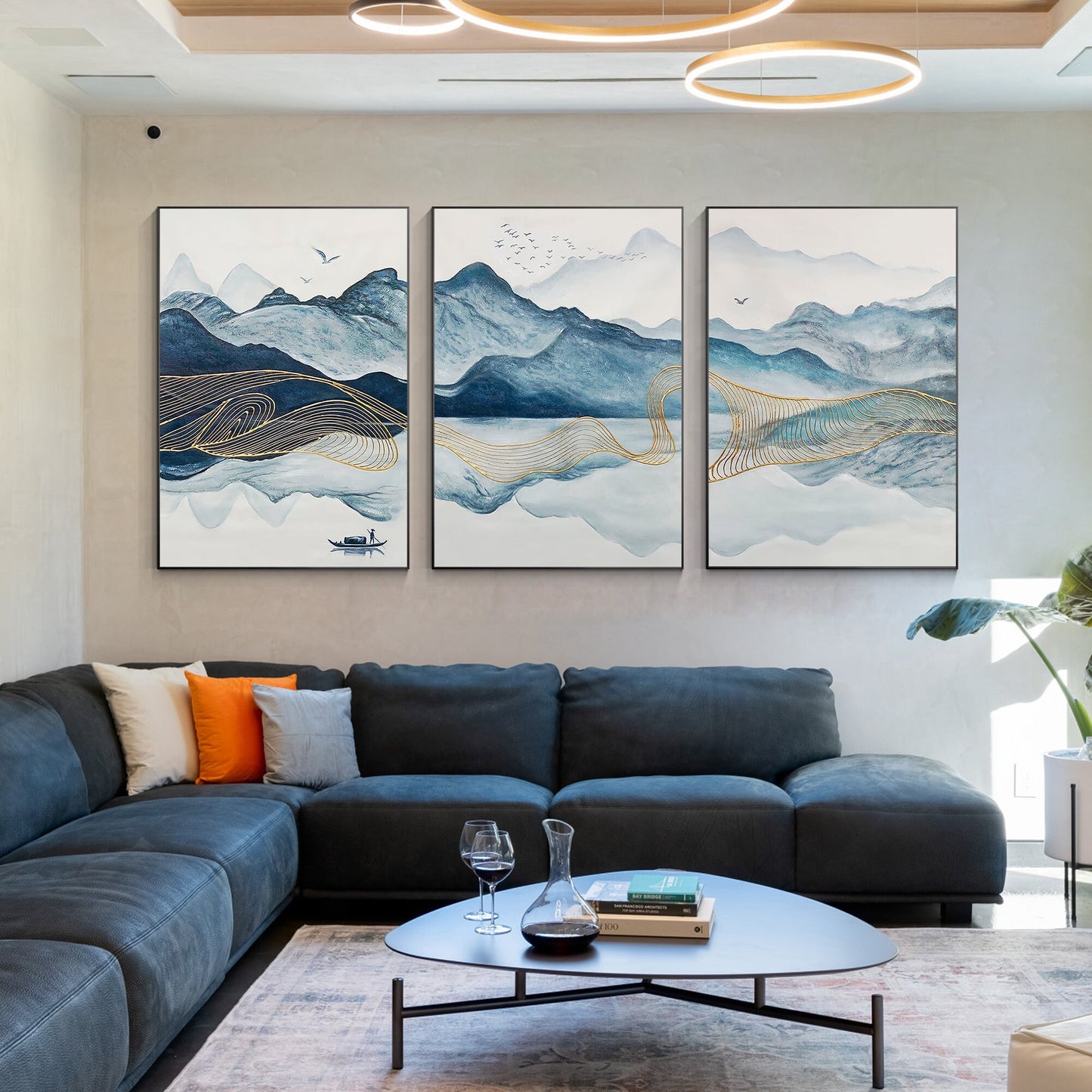 Teal Gold Mountain Canvas Art: Oriental Watercolor Landscape Set #5