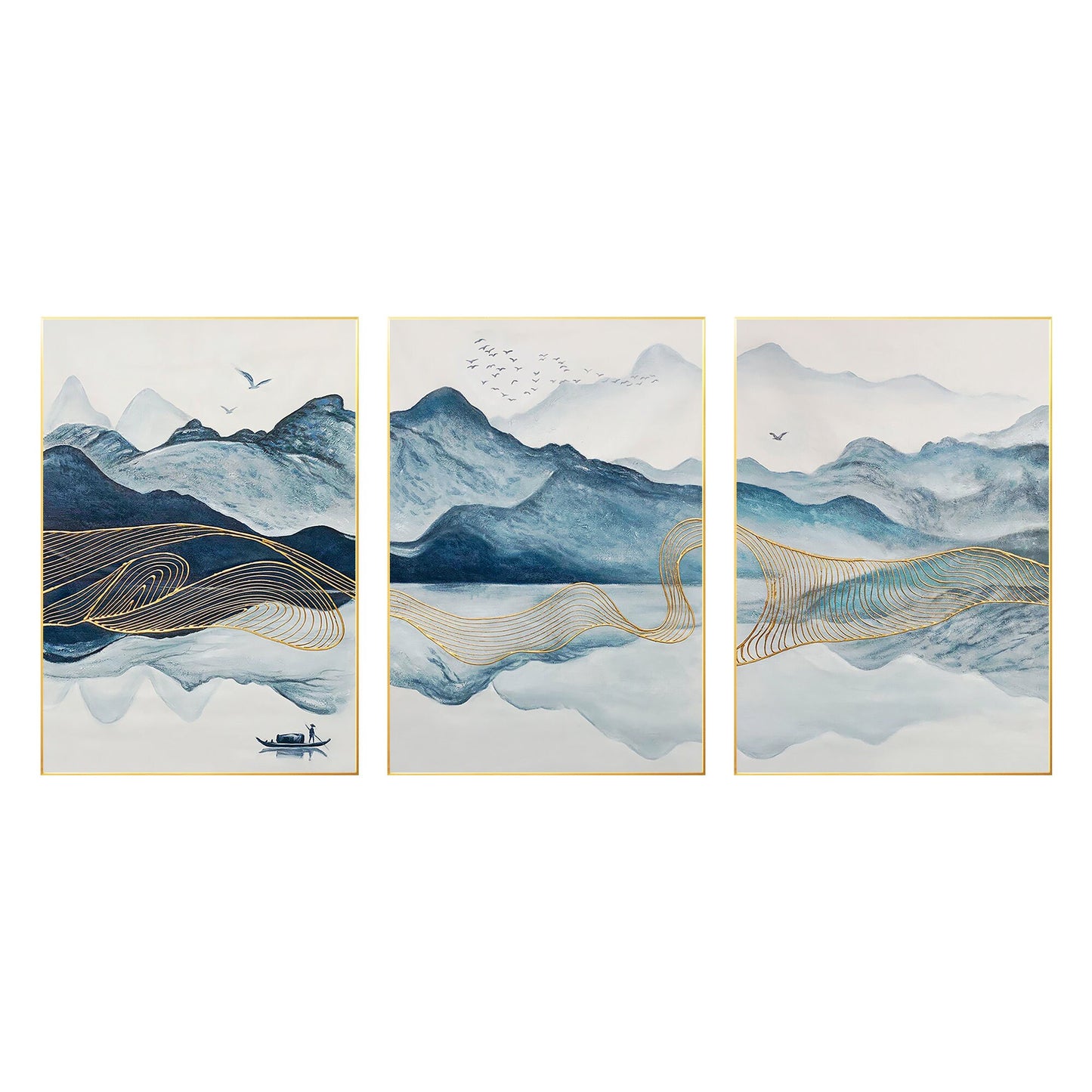 Teal Gold Mountain Canvas Art: Oriental Watercolor Landscape Set #7