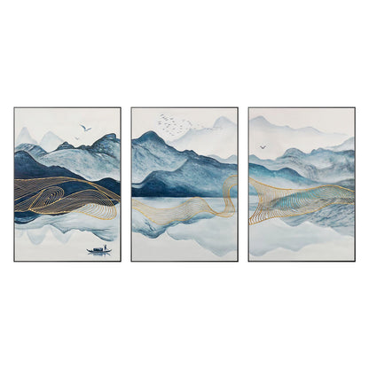 Teal Gold Mountain Canvas Art: Oriental Watercolor Landscape Set #9