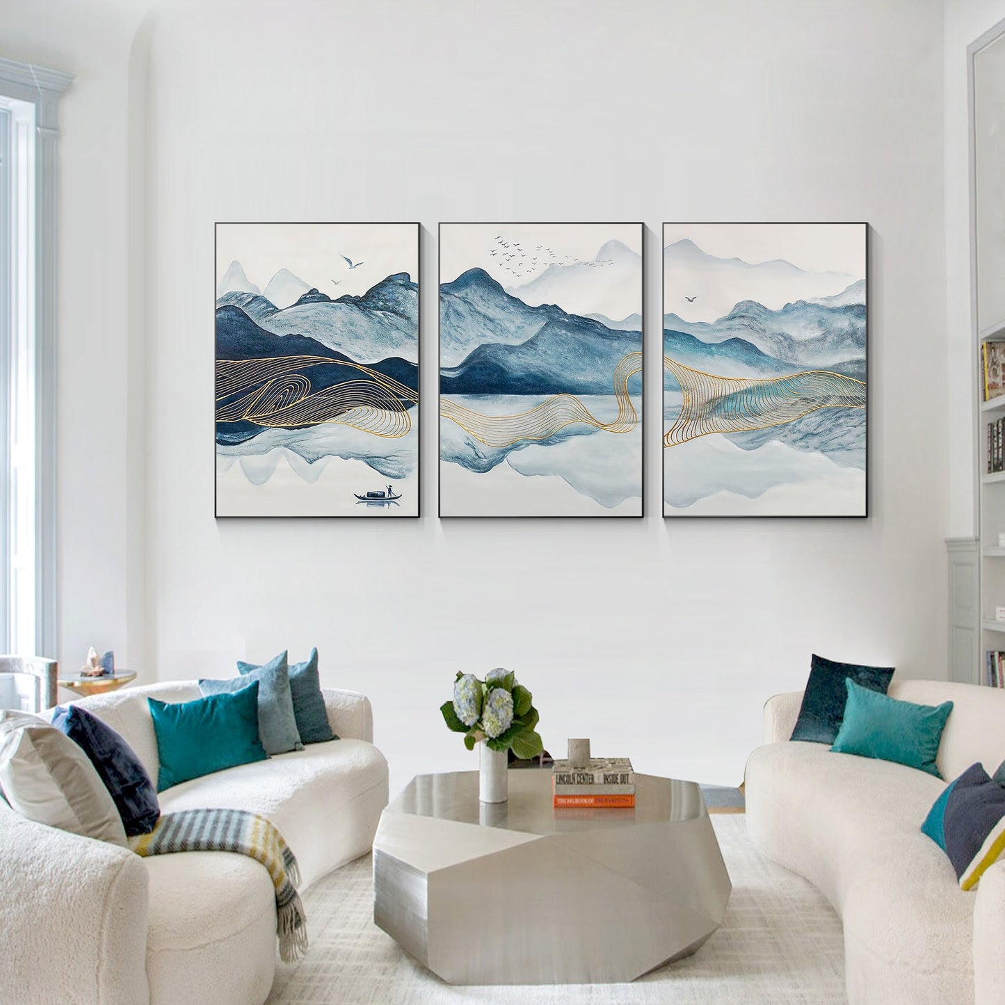 Teal Gold Mountain Canvas Art: Oriental Watercolor Landscape Set #1
