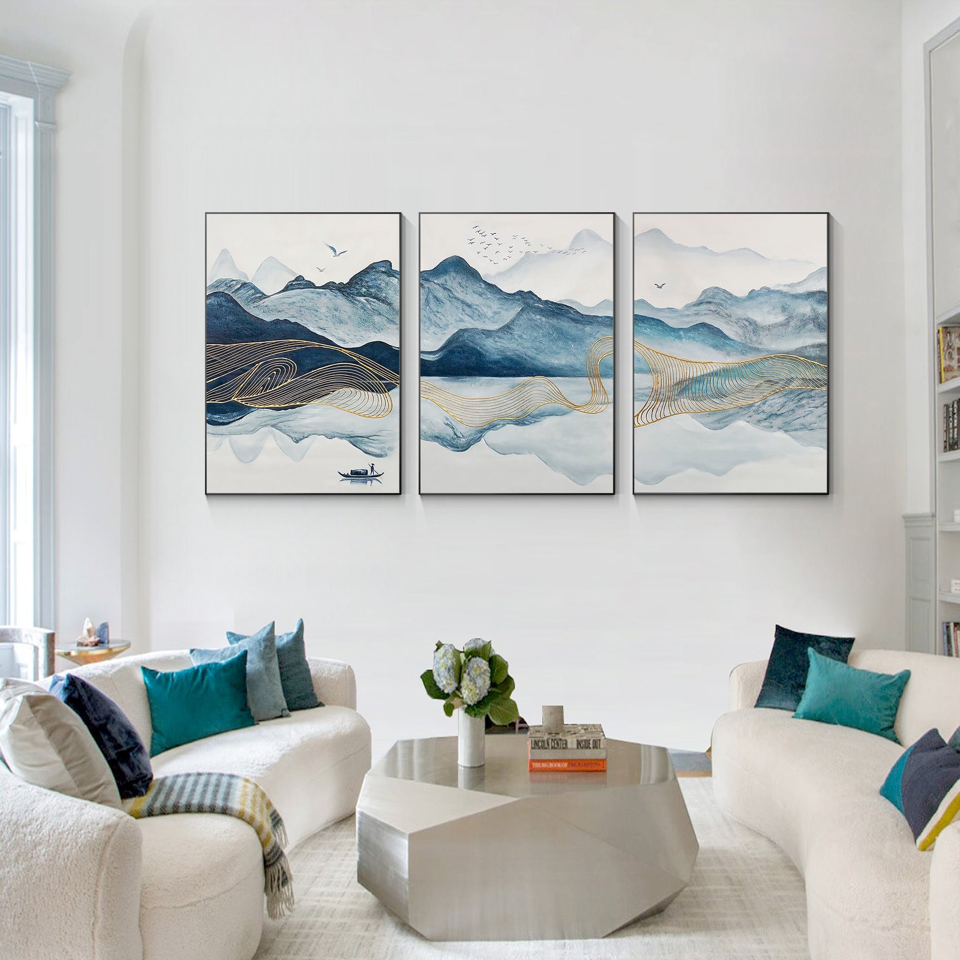 Teal Gold Mountain Canvas Art: Oriental Watercolor Landscape Set #1